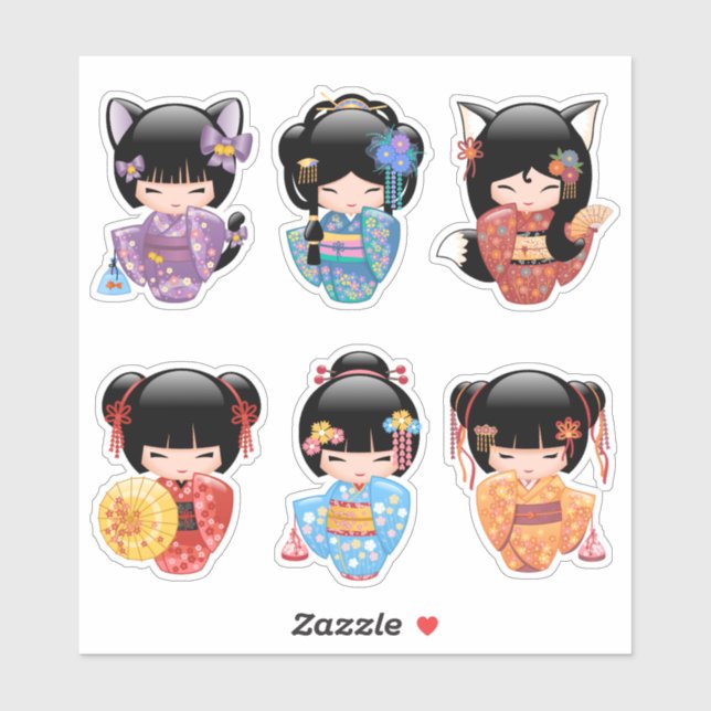 Kokeshi Dolls Set 2 - Japanese Kimono Geisha Girls (Sheet)