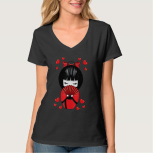 Kokeshi Geisha Doll with Hearts Valentines Day T-Shirt