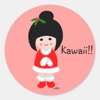 Kokeshi Girl Christmas Classic Round Sticker