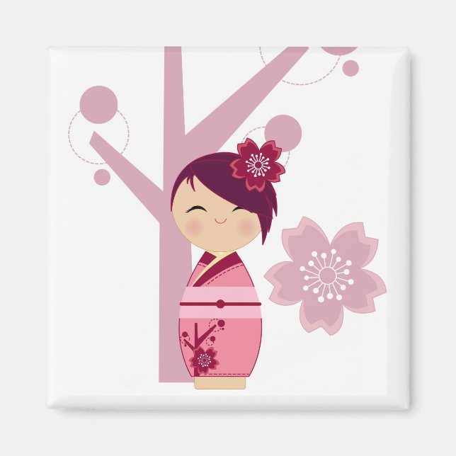Kokeshi Sakura and Cherry Tree Magnet (Front)