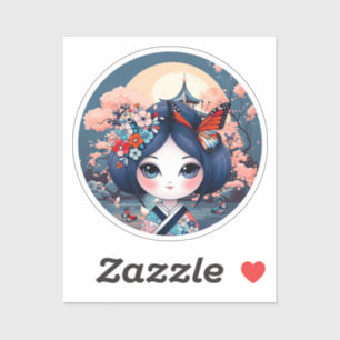 kokeshi with blue landscape, kokeshi sticker