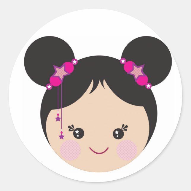 Kokeshi with Buns Classic Round Sticker (Front)
