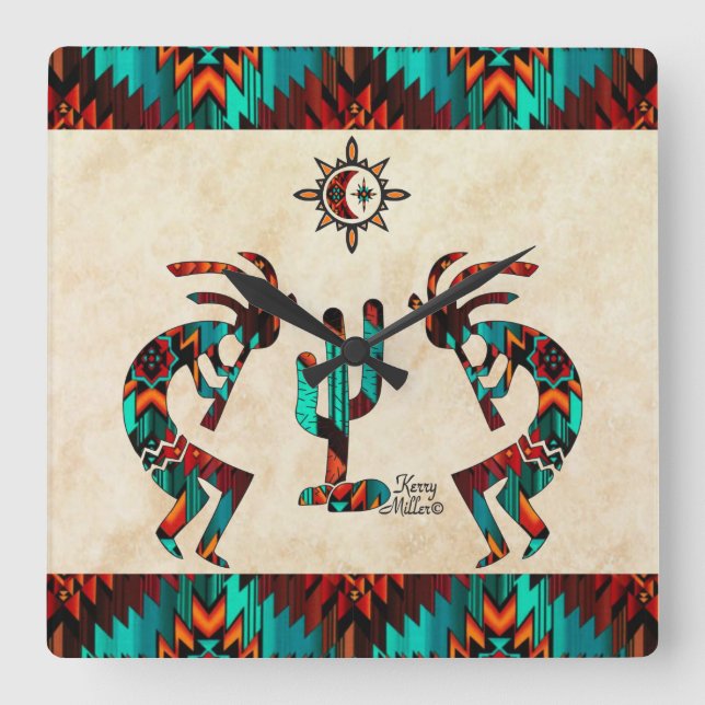 Kokopelli And Cactus Square Wall Clock (Front)