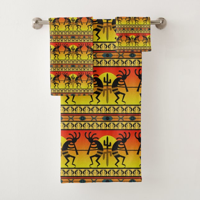 Kokopelli Cactus Pattern Southwest  Bath Towel Set (Insitu)