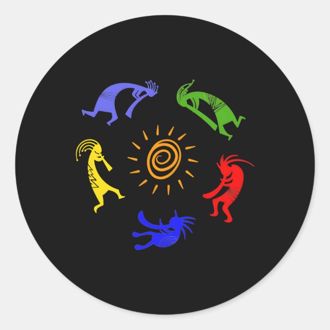 Kokopelli Colourful Sun Dancing Musicians Fortune Classic Round Sticker (Front)