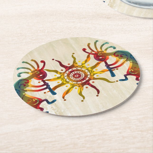 KOKOPELLI DUO SUN + your ideas Round Paper Coaster (Angled)