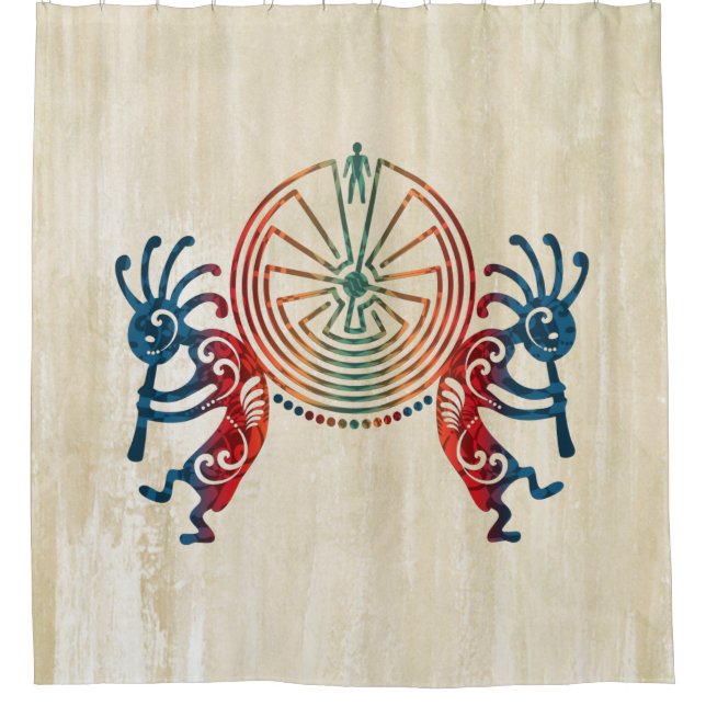 KOKOPELLI / MAN IN THE MAZE coloured + your ideas Shower Curtain (Front)