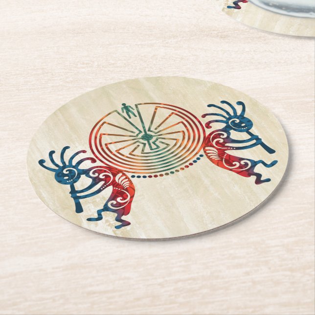 KOKOPELLI / MAN IN THE MAZE + your ideas Round Paper Coaster (Angled)