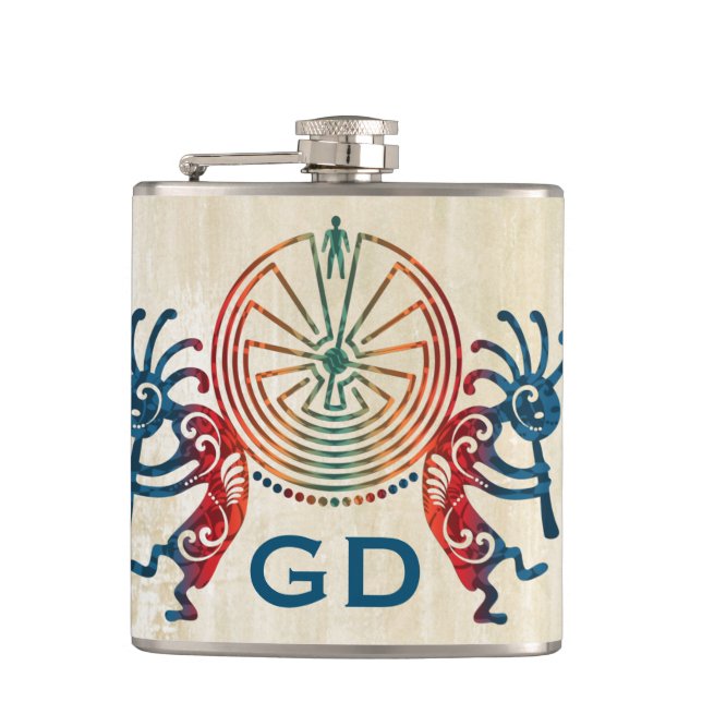 KOKOPELLI / MAN IN THE MAZE + your monogram Hip Flask (Front)