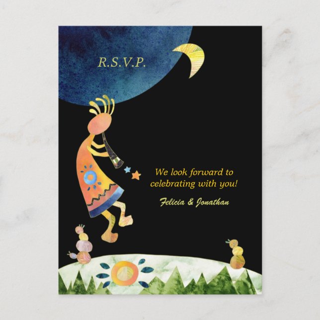 Kokopelli Music Tribal Wedding RSVP Invitation Postcard (Front)