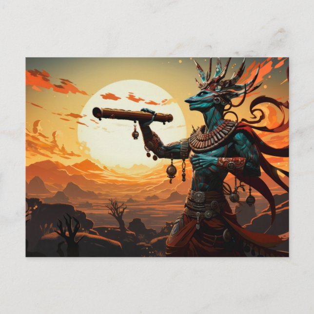Kokopelli Playing Flute In Rocky  Hills Of Desert Postcard (Front)