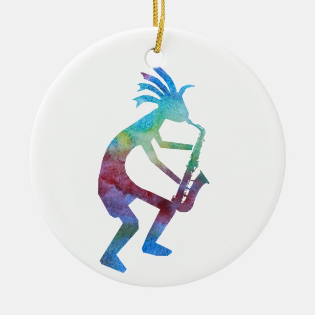 Kokopelli Plays the Sax Ceramic Tree Decoration (Front)