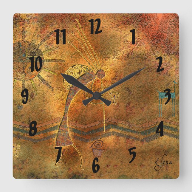 Kokopelli Rock Art Square Wall Clock (Front)