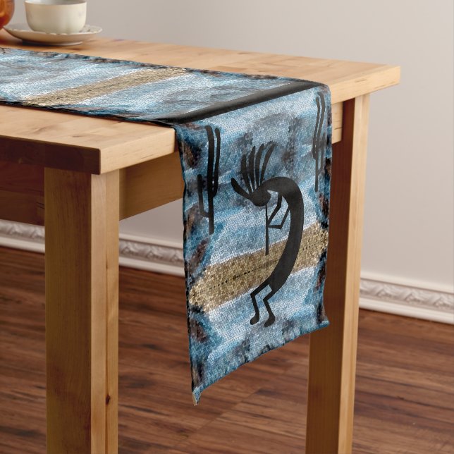 Kokopelli Southwest Abstract Mosaic Blue Medium Table Runner (In Situ)