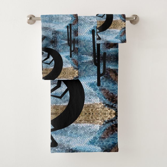 Kokopelli Southwest Desert Blue Mosaic 2 Bath Towel Set (Insitu)