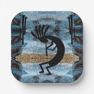 Kokopelli Southwest Desert Mosaic Blue 7" Paper Plate