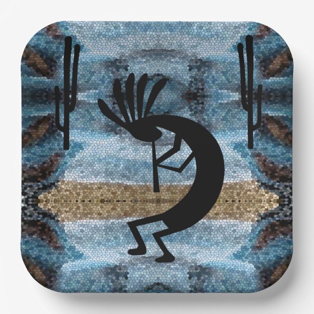 Kokopelli Southwest Desert Mosaic Blue 9" Paper Plate (Front)