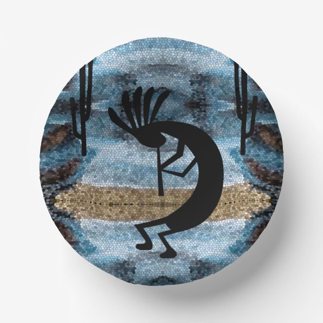 Kokopelli Southwest Desert Mosaic Blue  Paper Plate (Front)