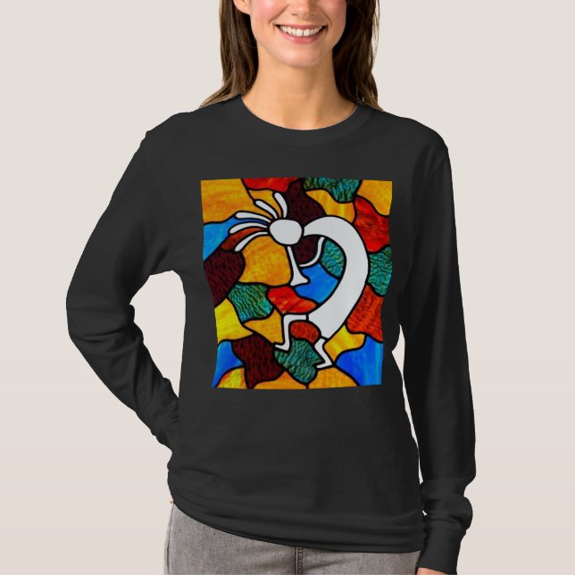 Kokopelli Stained Glass Long Sleeve T-Shirt (Front)