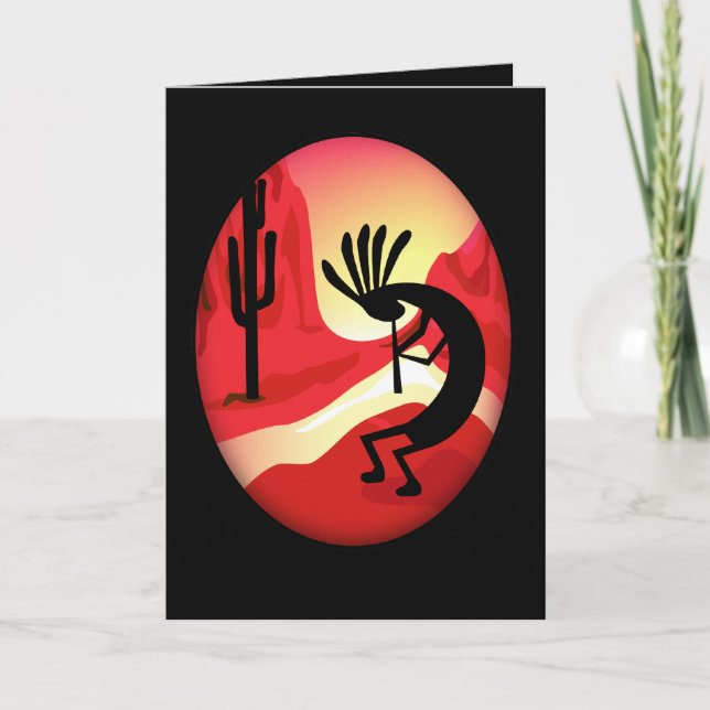 Kokopelli Sunset Black Greeting Card (Front)