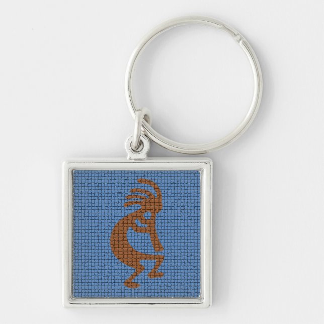 Kokopelli with Flute Blue Mosaic Southwest Key Ring (Front)