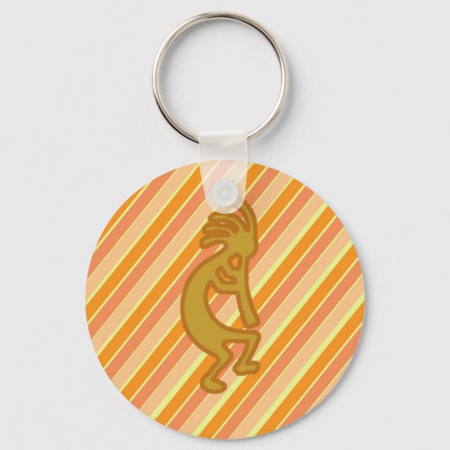 Kokopelli with Flute Gold Orange Stripes Southwest Key Ring (Front)