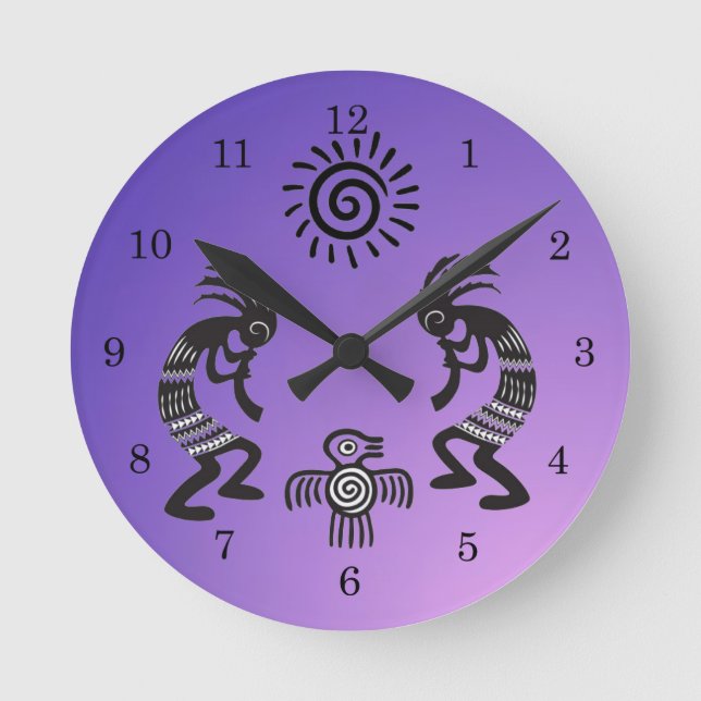 Kokopelli With Native Sun and Native Bird Symbol Round Clock (Front)
