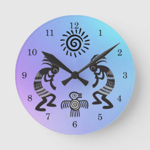 Kokopelli With Native Sun and Native Bird Symbol Round Clock