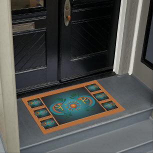 Kokopelli with Sun Teal Design 3 Doormat