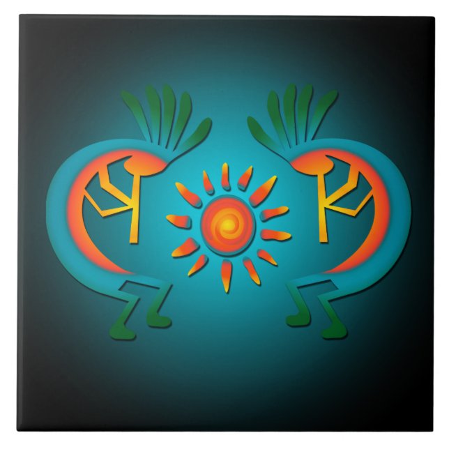 Kokopelli  with Sun Teal Design 6" Tile (Front)