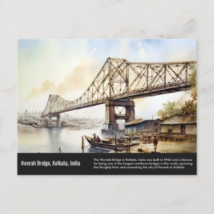 Kolkata Howrah Bridge watercolor painting. Postcard