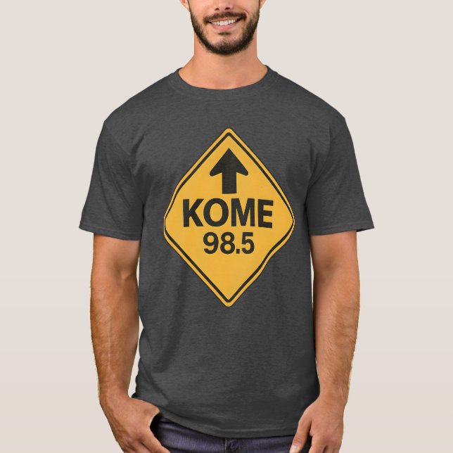 KOME 98.5 FM Road Sign Retro T-Shirt – Yellow Diam (Front)