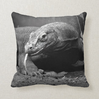 komodo dragon black and white tongue out left cushion