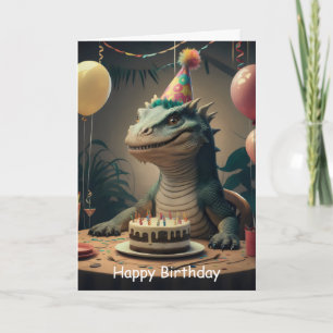 Komodo Dragon sitting at table with birthday cake Card