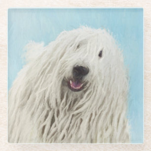Komondor Painting - Cute Original Dog Art Glass Coaster