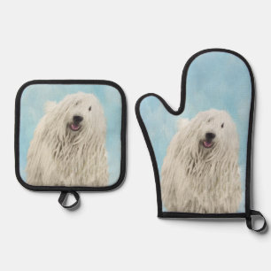 Komondor Painting Hungarian Cute Original Dog Art Oven Mitt & Pot Holder Set