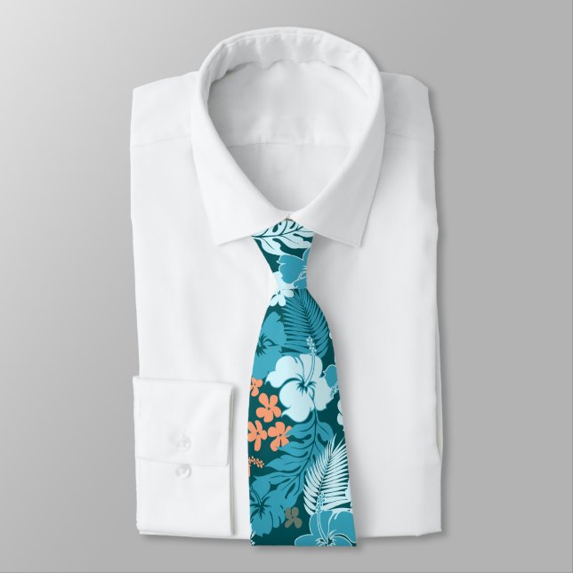 Kona Bay Hawaiian Hibiscus Teal and Eucalyptus Tie (Tied)