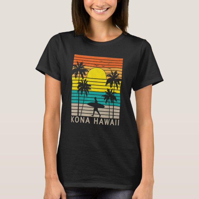 Kona Hawaii Beach Surfer Surfing Palm Tree Vacatio T-Shirt (Front)