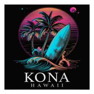 Kona Hawaii Hawaiian Surf Board Vintage Poster