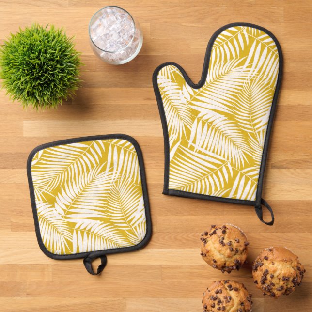 Kona Palms Hawaiian Tropical Leaf Sulphur Gold Oven Mitt & Pot Holder Set (Top Down)