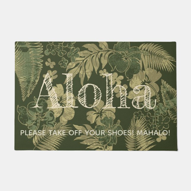 Kona Times Hibiscus Hawaiian Aloha Olive Green Doormat (Front)