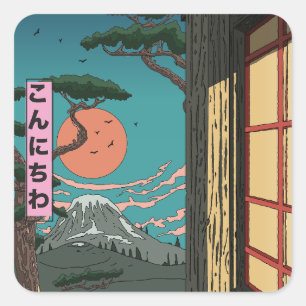 Konnichiwa Japanese Sunset Square Sticker