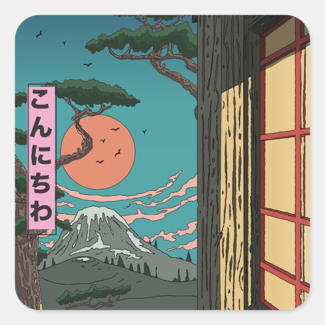 Konnichiwa Japanese Sunset Square Sticker (Front)