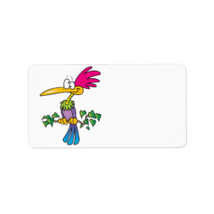 kooky crazy tropical exotic bird cartoon label