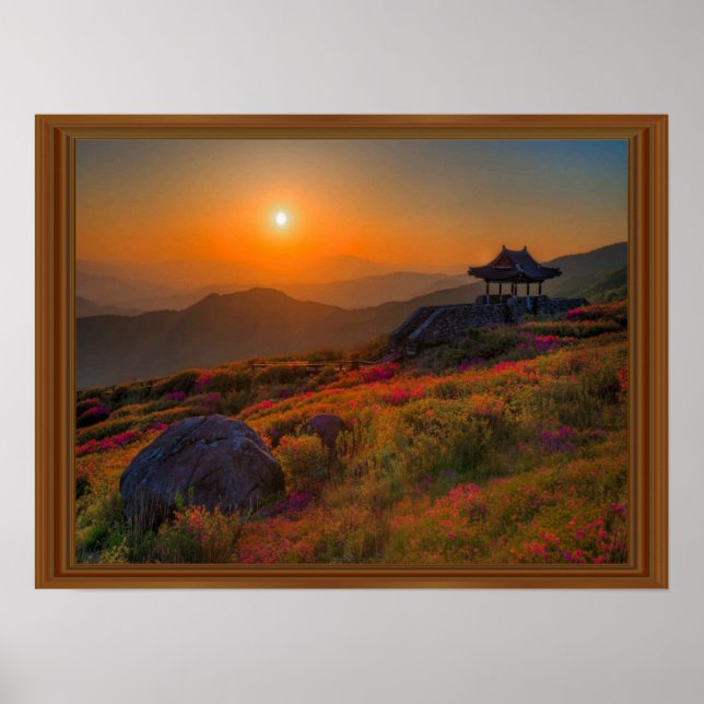 Korean Autumn Sunset Temple Wood Frame Poster (Front)