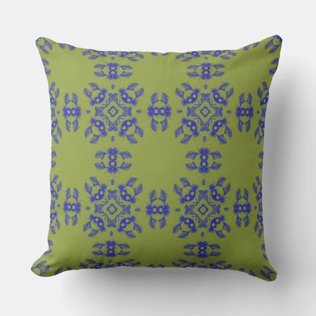Korean Floral Harmony Pattern – Blue on Olive Gree Cushion (Front)