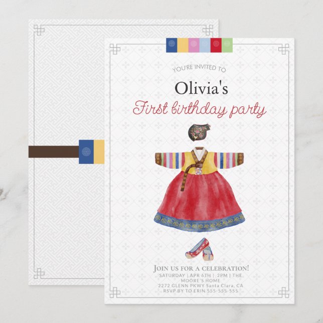 Korean Girl Hanbok Dol Janchi the first birthday  Invitation (Front/Back)