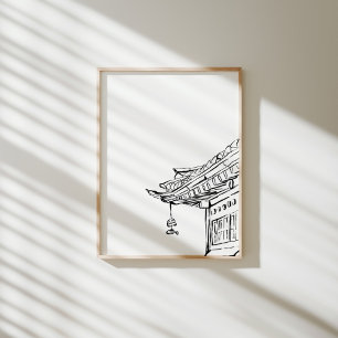 Korean Hanok Roof with Wind Chime Ink Poster