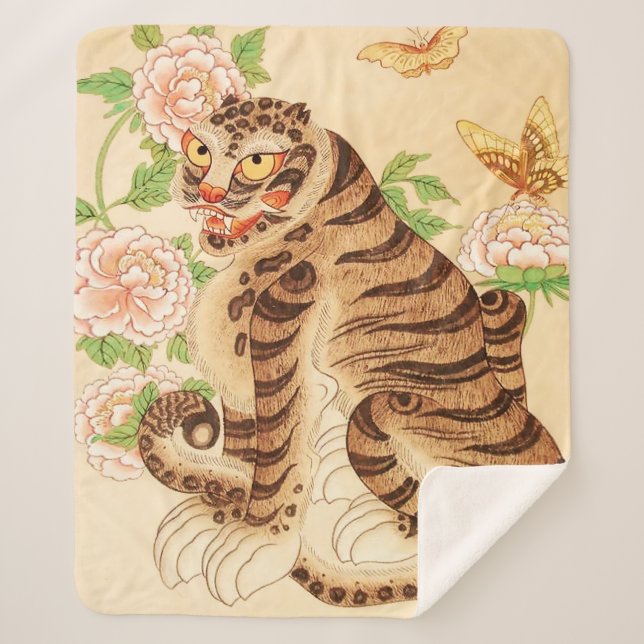 Korean Striped Tiger Vintage Minhwa  Sherpa Blanket (Front)