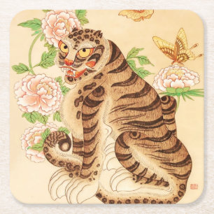 Korean Striped Tiger Vintage Minhwa Square Paper Coaster